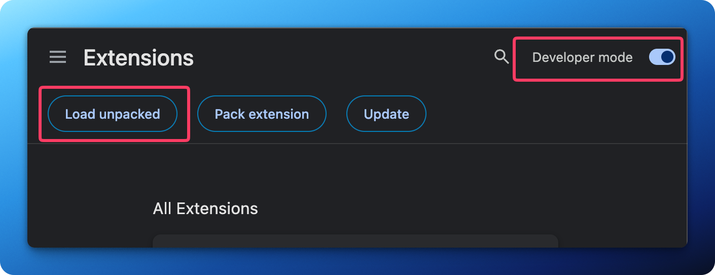 Chrome Extensions page with Developer mode enabled and Load unpacked highlighted.