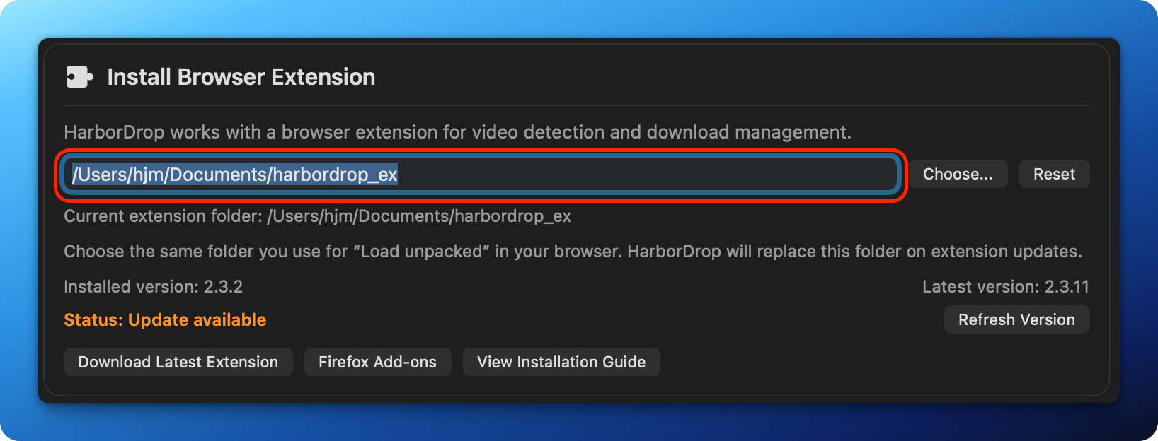 HarborDrop Install Browser Extension settings showing the extension folder, versions, and Download Latest Extension button.