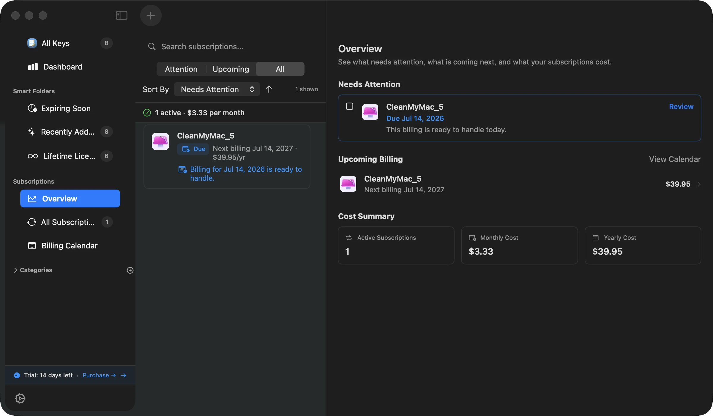 KeyHarbor Subscription Overview showing a billing item, next billing date, and cost summary