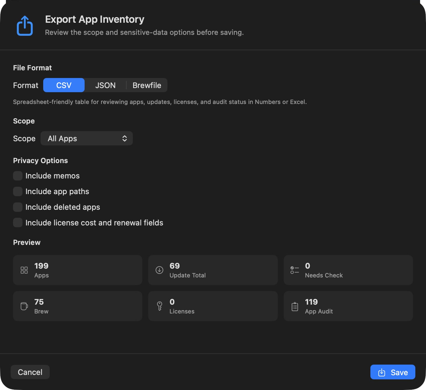 Vesslo App Inventory export preview