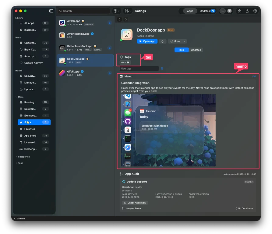 Detalle de una app en Vesslo con etiquetas, nota, soporte de actualización Homebrew y resumen de licencia de KeyHarbor